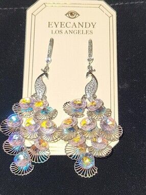 Eye Candy Peacock Silver Iridescent Statement Drop Earrings Te tr tL